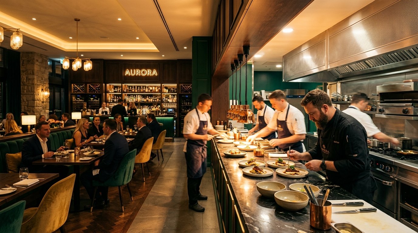 Modern Restaurant Dining Floor & Commercial Kitchen Pass